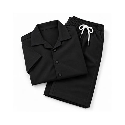 Boys Black Shirt & Pant Set | Half Sleeve Collared Button-Down Shirt with Matching Full-Length Trousers