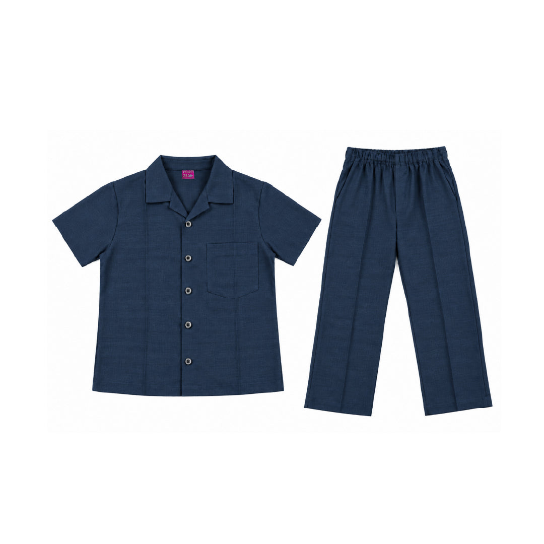 Kids Navy Blue Shirt & Pant Co-Ord Set | Half Sleeve Collared Button-Down Shirt with Chest Pocket & Matching Full-Length Trousers | Stylish Casual Outfit for Boys & Girls