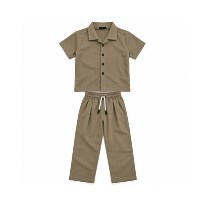 Boys olive brownShirt & Pant Set | Half Sleeve Collared Button-Down Shirt with Matching Full-Length Trousers
