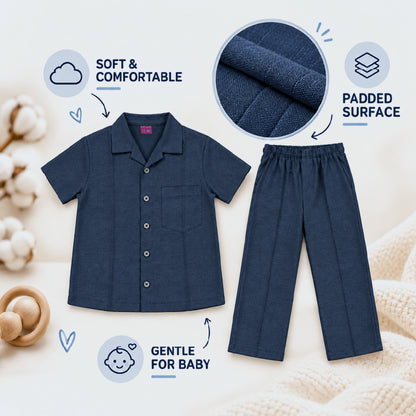 Kids Navy Blue Shirt & Pant Co-Ord Set | Half Sleeve Collared Button-Down Shirt with Chest Pocket & Matching Full-Length Trousers | Stylish Casual Outfit for Boys & Girls