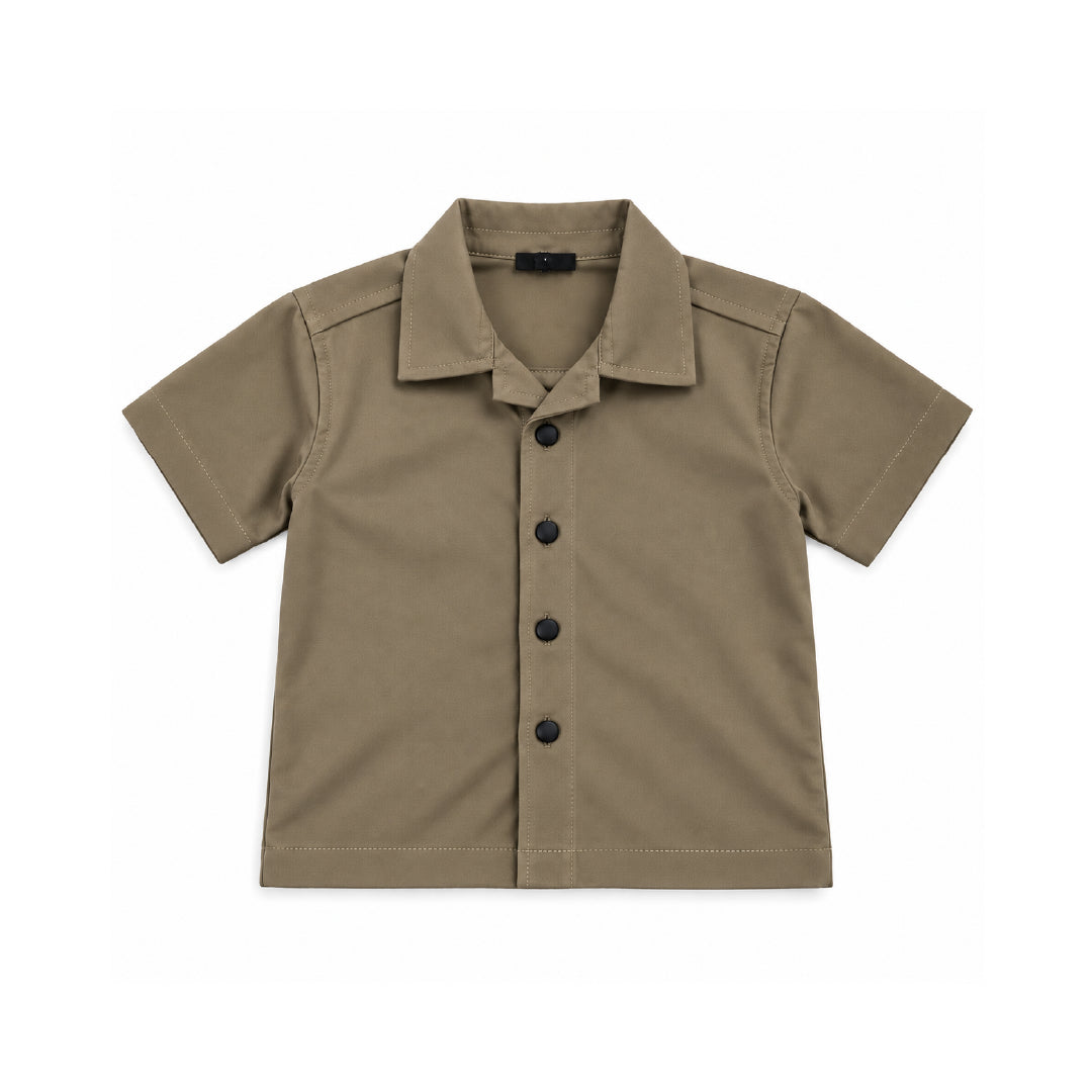 Boys olive brownShirt & Pant Set | Half Sleeve Collared Button-Down Shirt with Matching Full-Length Trousers