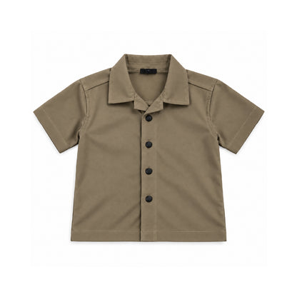 Boys olive brownShirt & Pant Set | Half Sleeve Collared Button-Down Shirt with Matching Full-Length Trousers