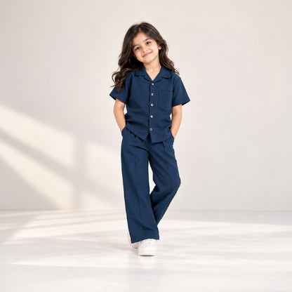 Kids Navy Blue Shirt & Pant Co-Ord Set | Half Sleeve Collared Button-Down Shirt with Chest Pocket & Matching Full-Length Trousers | Stylish Casual Outfit for Boys & Girls