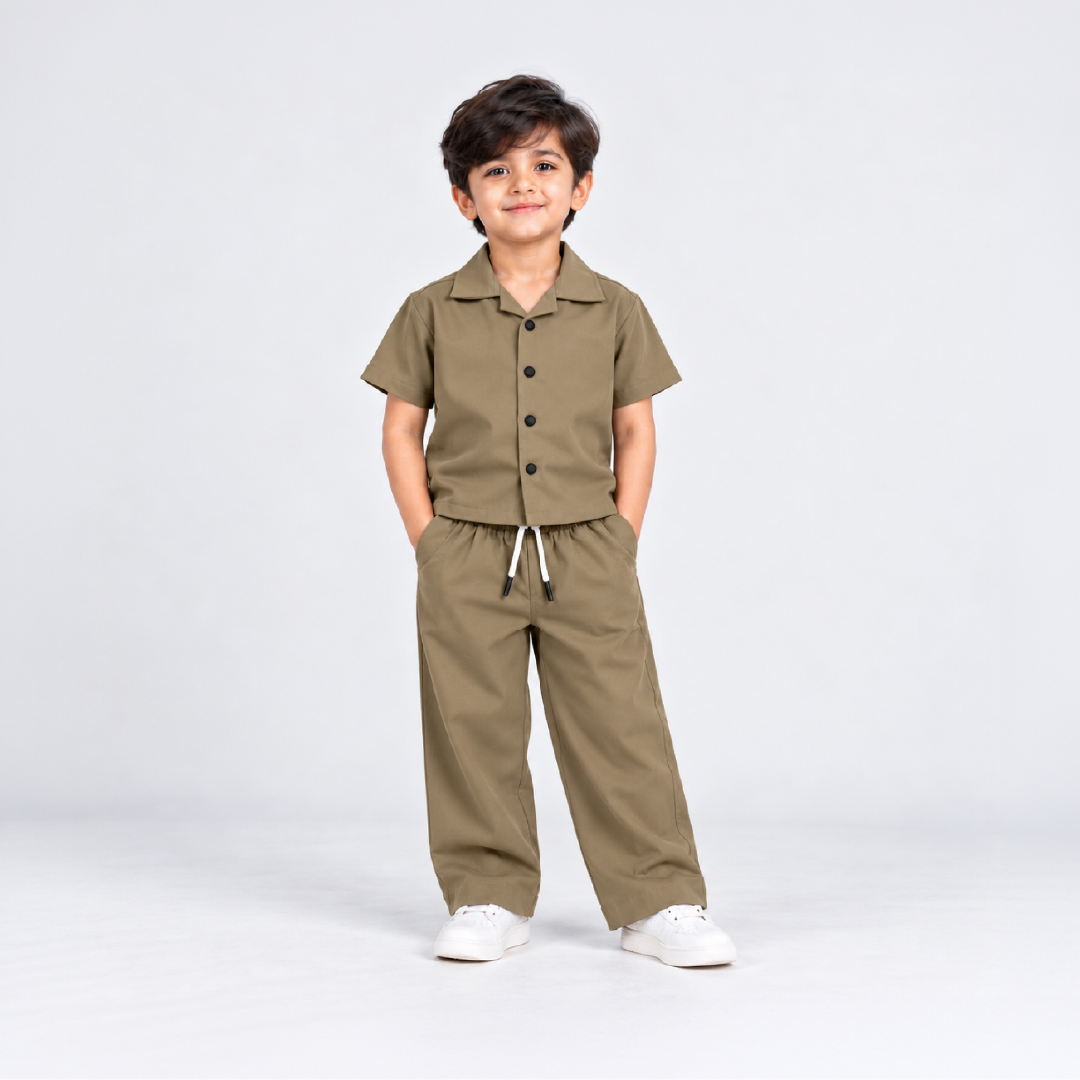 Boys olive brownShirt & Pant Set | Half Sleeve Collared Button-Down Shirt with Matching Full-Length Trousers