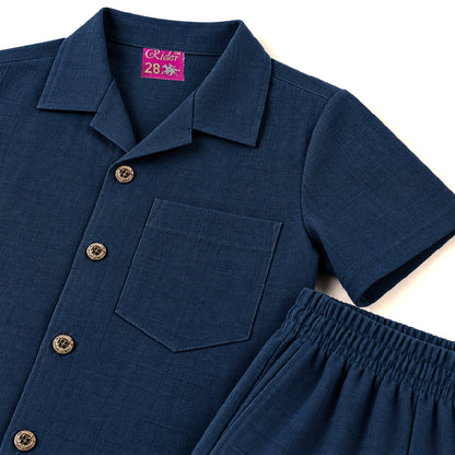Kids Navy Blue Shirt & Pant Co-Ord Set | Half Sleeve Collared Button-Down Shirt with Chest Pocket & Matching Full-Length Trousers | Stylish Casual Outfit for Boys & Girls