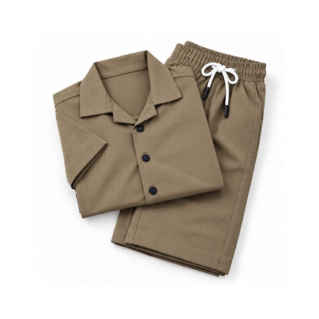 Boys olive brownShirt & Pant Set | Half Sleeve Collared Button-Down Shirt with Matching Full-Length Trousers