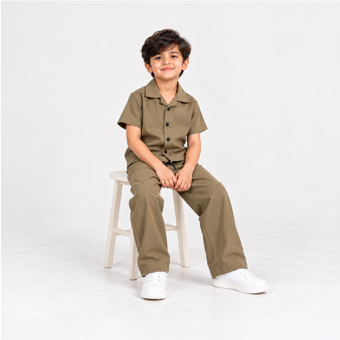 Boys olive brownShirt & Pant Set | Half Sleeve Collared Button-Down Shirt with Matching Full-Length Trousers