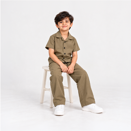 Boys olive brownShirt & Pant Set | Half Sleeve Collared Button-Down Shirt with Matching Full-Length Trousers