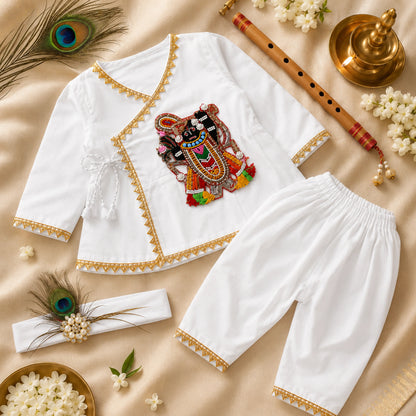 Baby Boy Shree Nathji Chhathi Pujan Ethnic Outfit Set – White