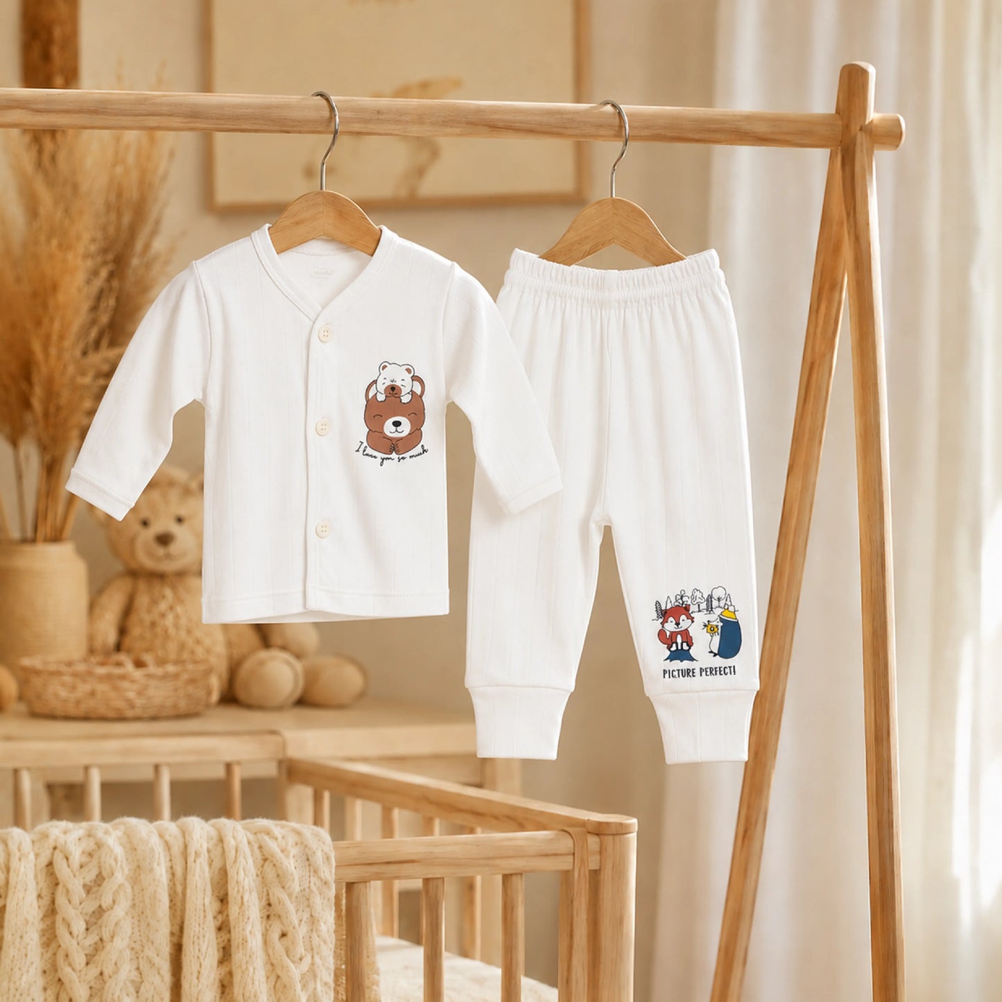 White Cucumber Baby Boy & Girl Cotton Full Sleeve Vest - Pajama Set