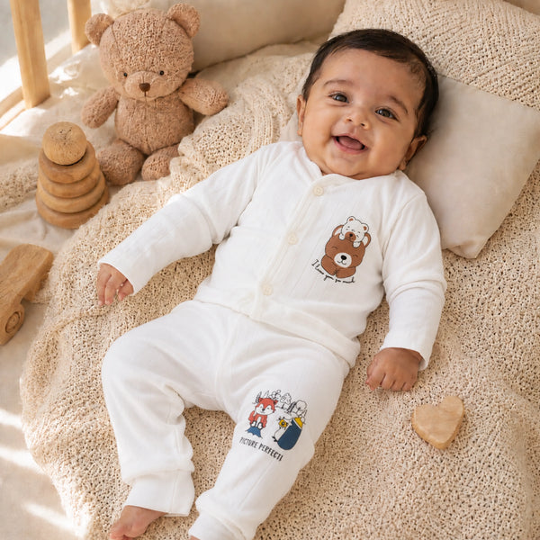 White Cucumber Baby Boy & Girl Cotton Full Sleeve Vest - Pajama Set