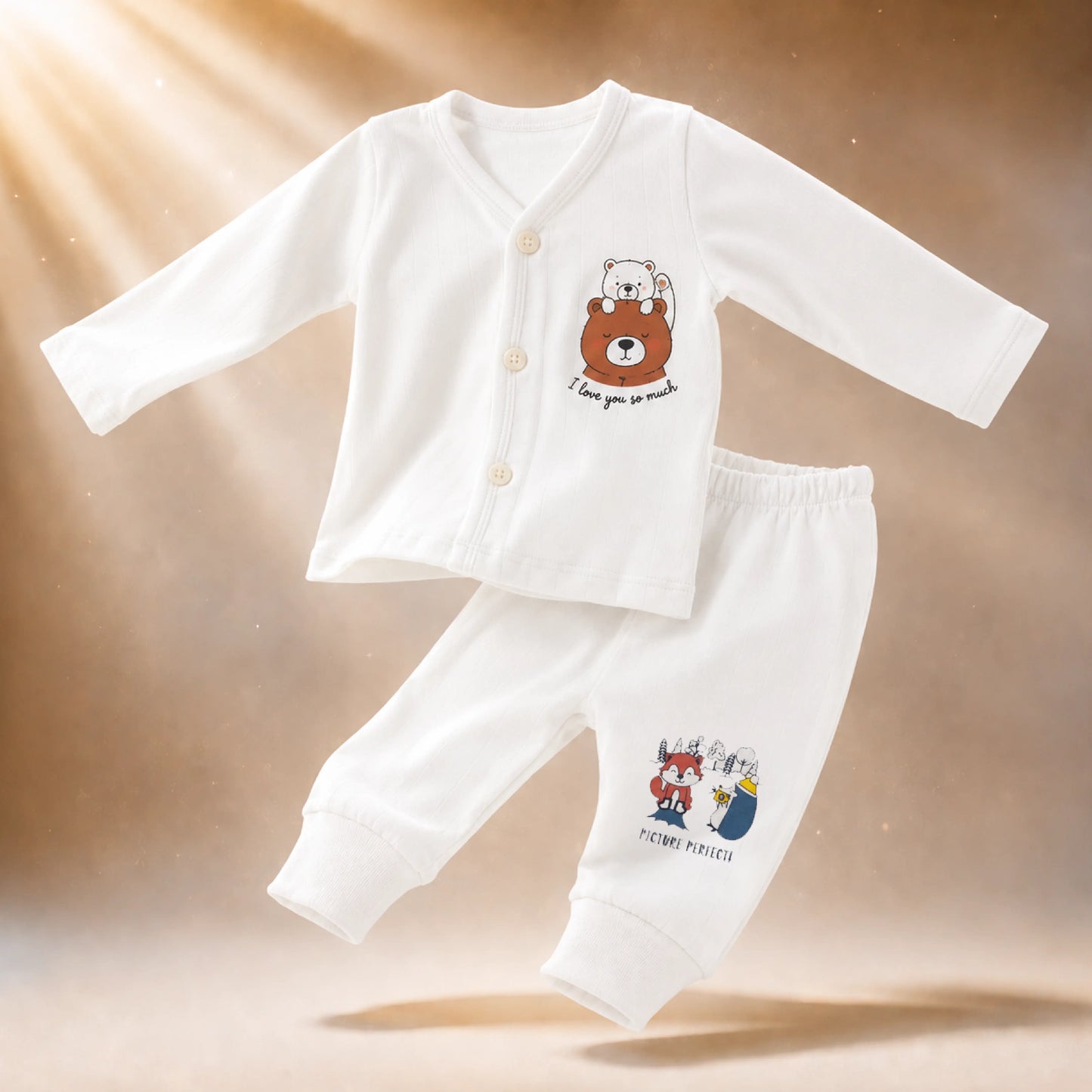 White Cucumber Baby Boy & Girl Cotton Full Sleeve Vest - Pajama Set