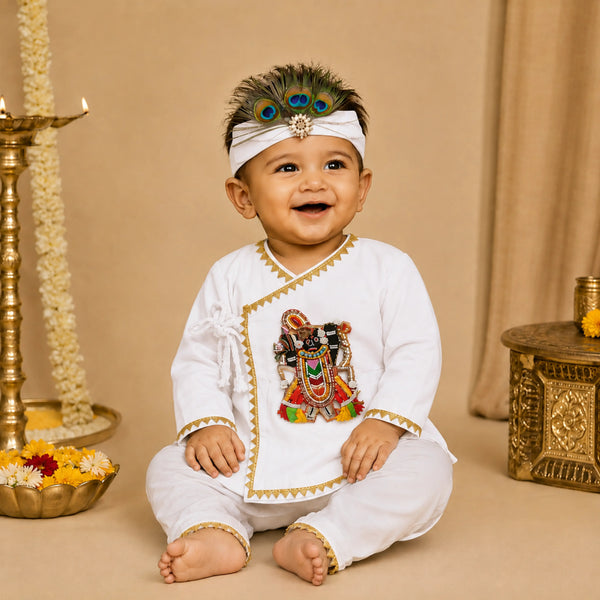 Baby Boy Shree Nathji Chhathi Pujan Ethnic Outfit Set – White