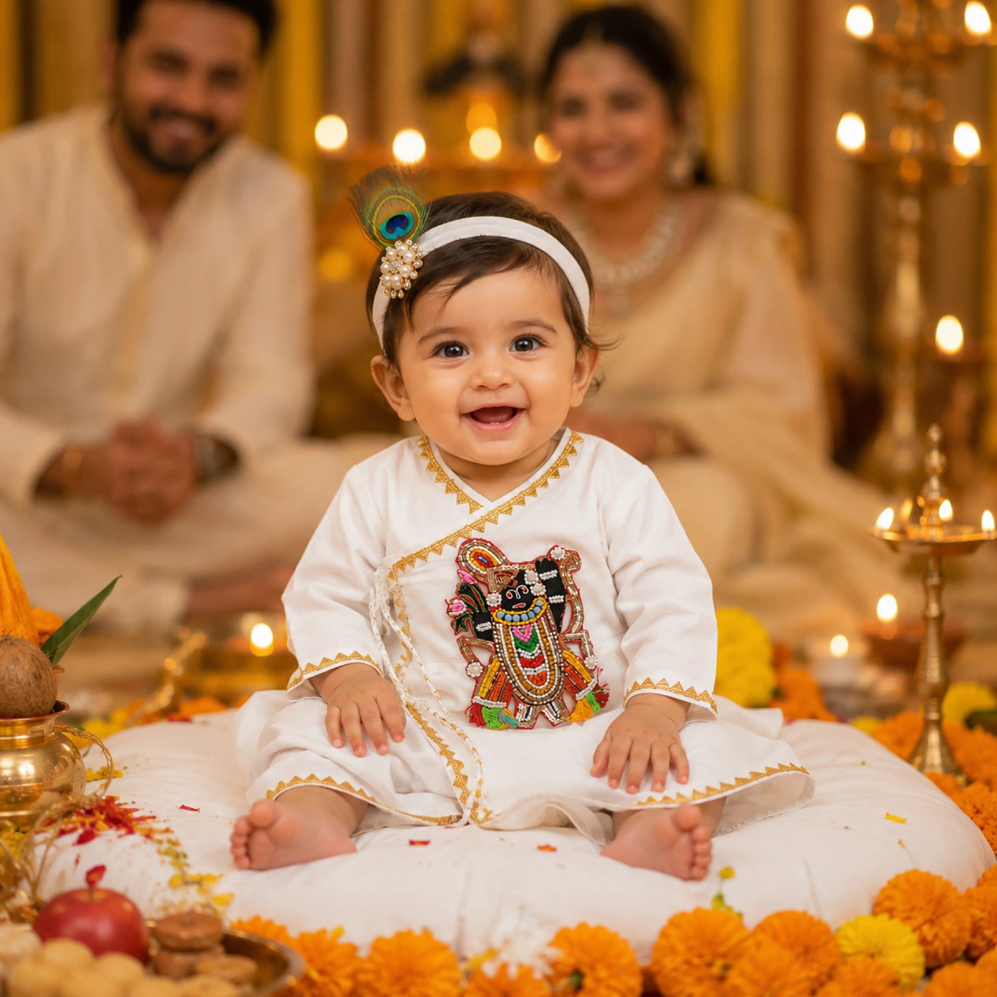 Baby Boy Shree Nathji Chhathi Pujan Ethnic Outfit Set – White
