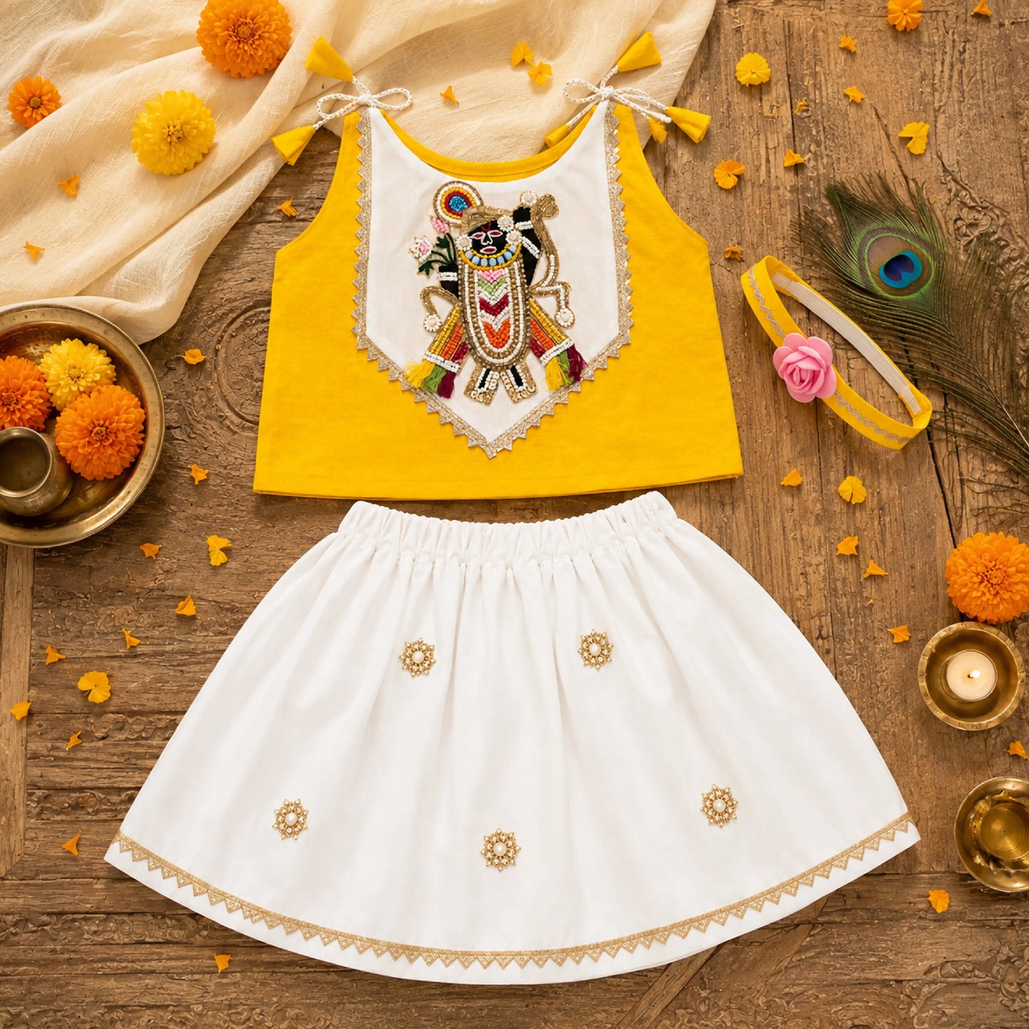Baby Girl Shree Nathji Chhathi Pujan Floral Dress –Yellow