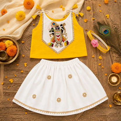 Baby Girl Shree Nathji Chhathi Pujan Floral Dress –Yellow