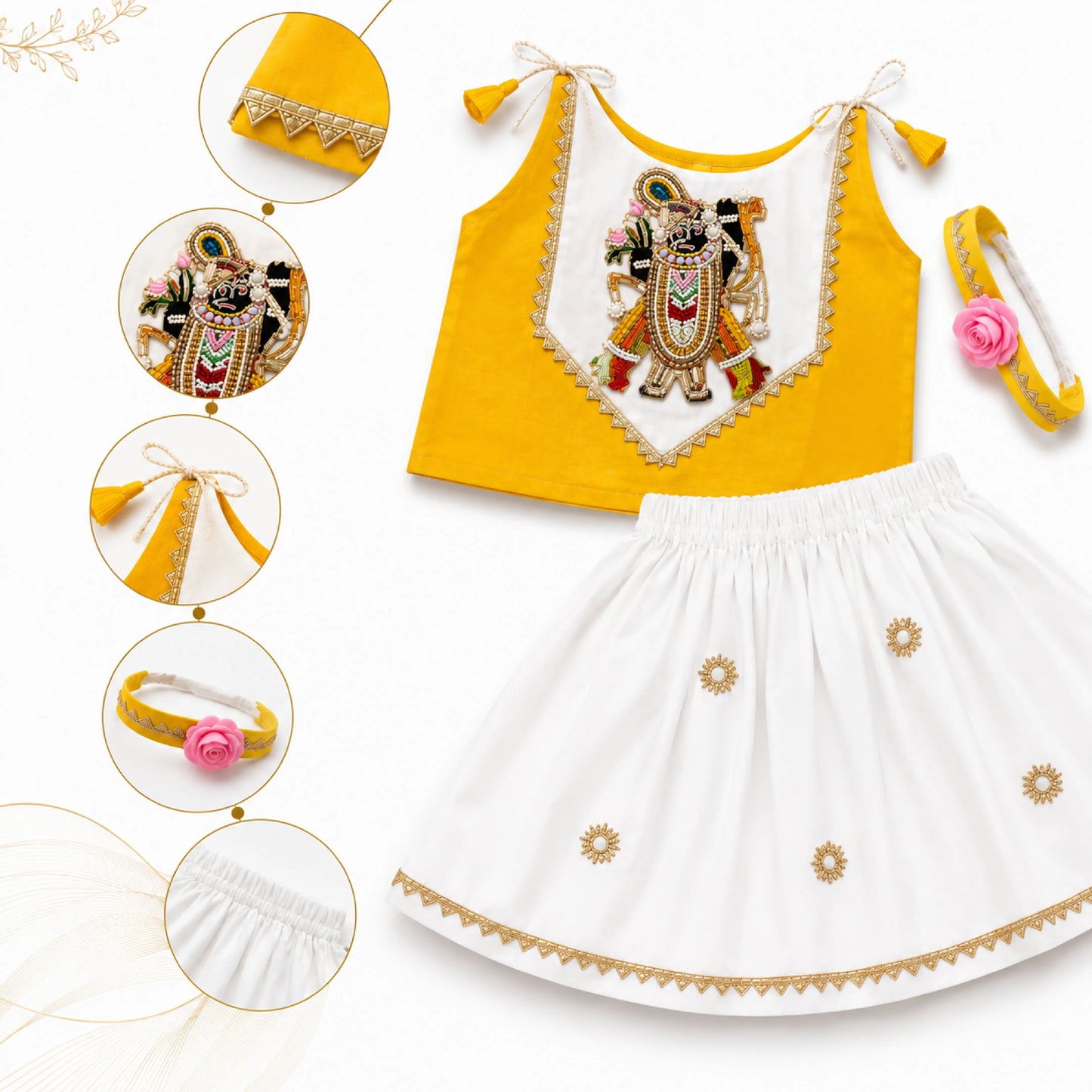 Baby Girl Shree Nathji Chhathi Pujan Floral Dress –Yellow