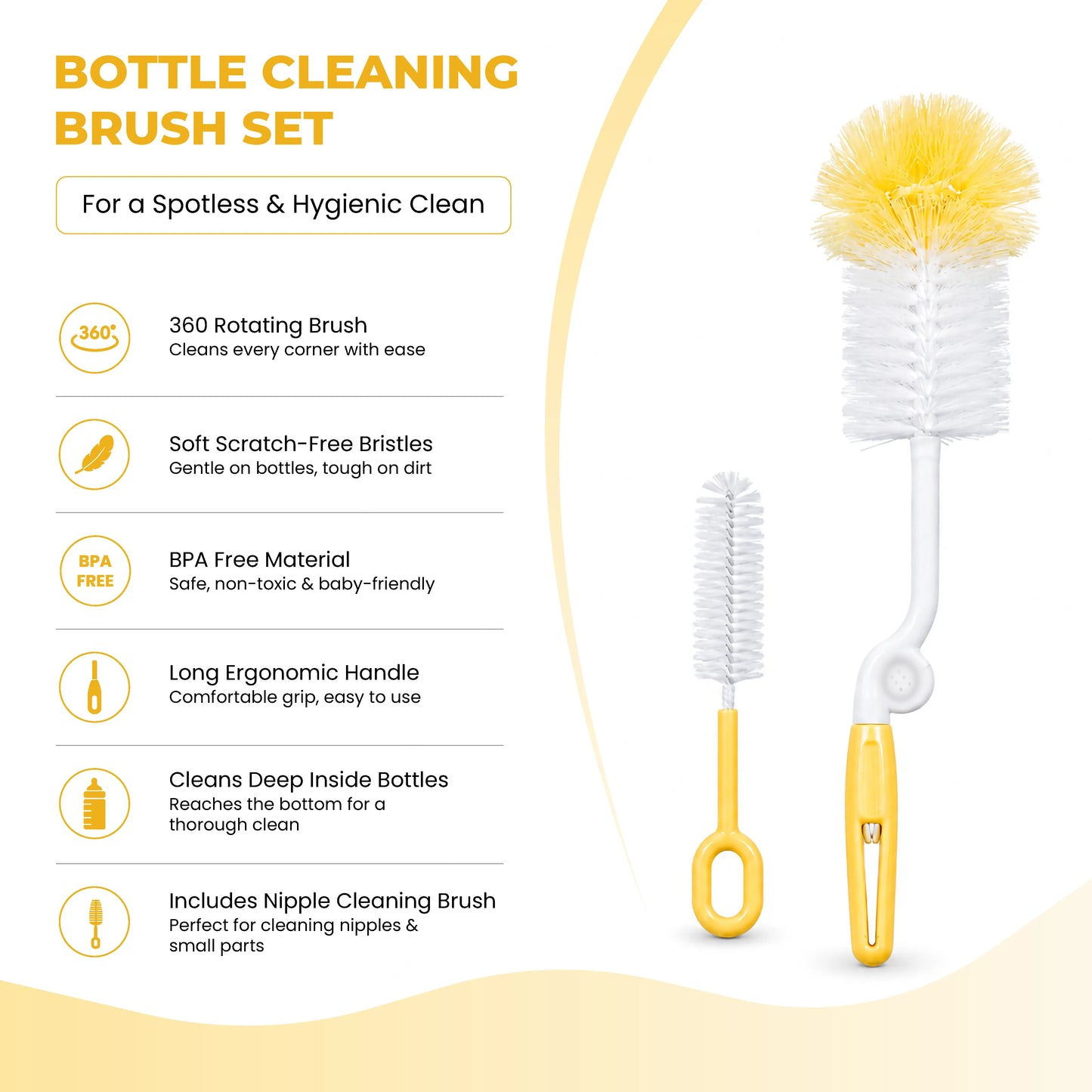 Baby Feeding Bottle Cleaning Brush Set, BPA Free – Yellow