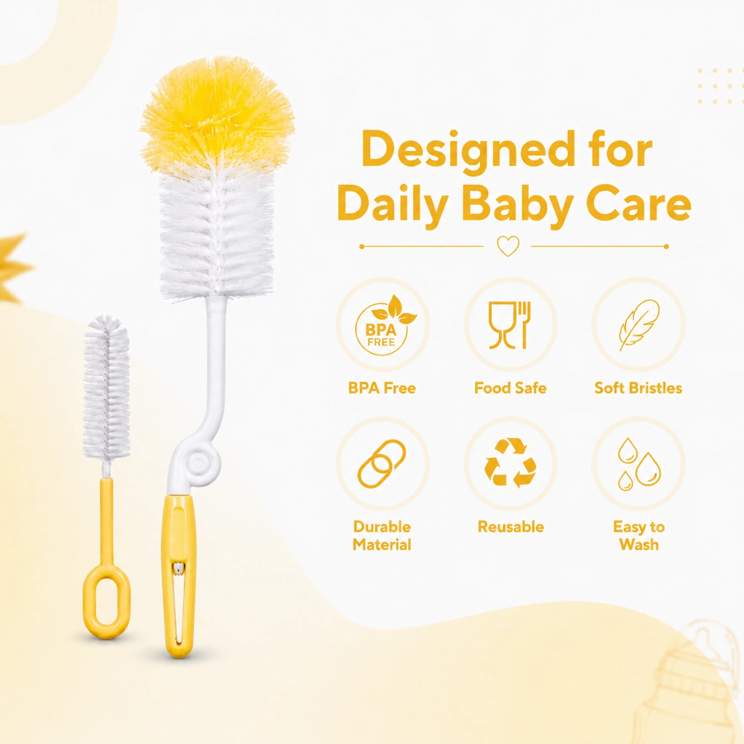 Baby Feeding Bottle Cleaning Brush Set, BPA Free – Yellow
