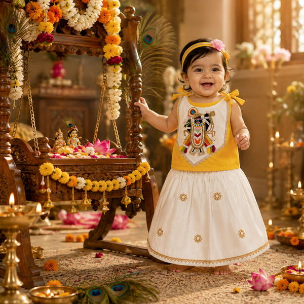 Baby Girl Shree Nathji Chhathi Pujan Floral Dress –Yellow