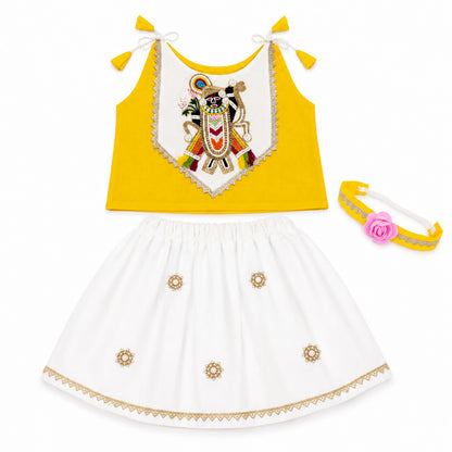 Baby Girl Shree Nathji Chhathi Pujan Floral Dress –Yellow