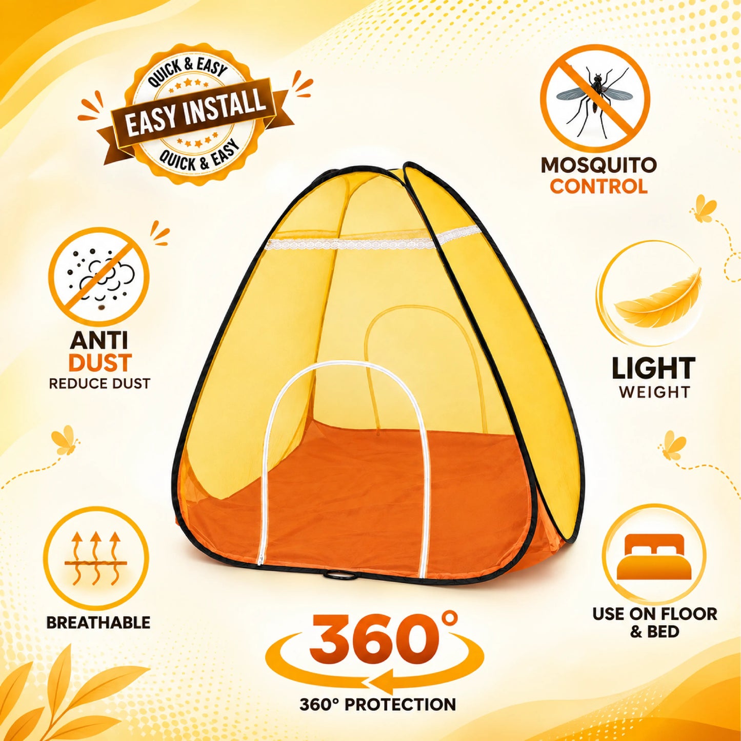 Foldable Pop-Up Mosquito Net Tent - Yellow