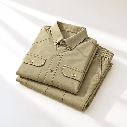 Men's Beige Shirt & Pant Co-Ord Set | Full Sleeve Utility Shirt with Matching Jogger-Style Trousers | Casual Smart Outfit for Parties, Travel & Daily Wear