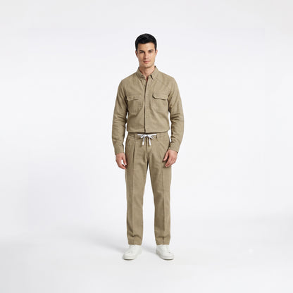 Men's Beige Shirt & Pant Co-Ord Set | Full Sleeve Utility Shirt with Matching Jogger-Style Trousers | Casual Smart Outfit for Parties, Travel & Daily Wear