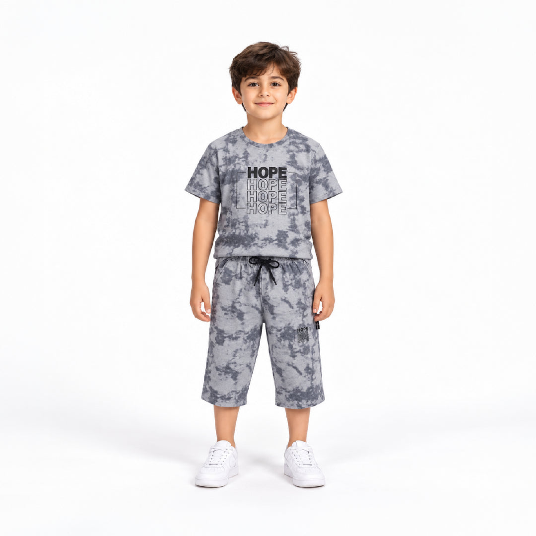 Boys Grey Tie-Dye T-Shirt & Shorts Co-Ord Set | Half Sleeve Casual Summer Outfit for Kids | Comfortable 2-Piece Clothing Set