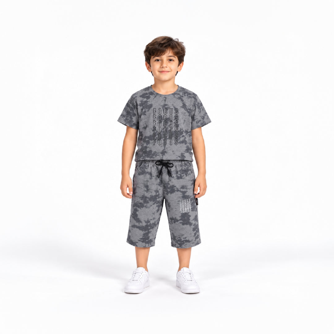 Boys Grey Camouflage Printed T-Shirt and Shorts Set | Half Sleeve Round Neck Cotton Co-Ord Set for Kids | Casual Summer Wear