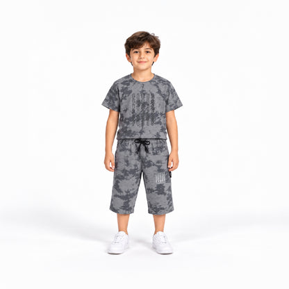 Boys Grey Camouflage Printed T-Shirt and Shorts Set | Half Sleeve Round Neck Cotton Co-Ord Set for Kids | Casual Summer Wear