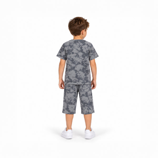 Boys Grey Camouflage Printed T-Shirt and Shorts Set | Half Sleeve Round Neck Cotton Co-Ord Set for Kids | Casual Summer Wear