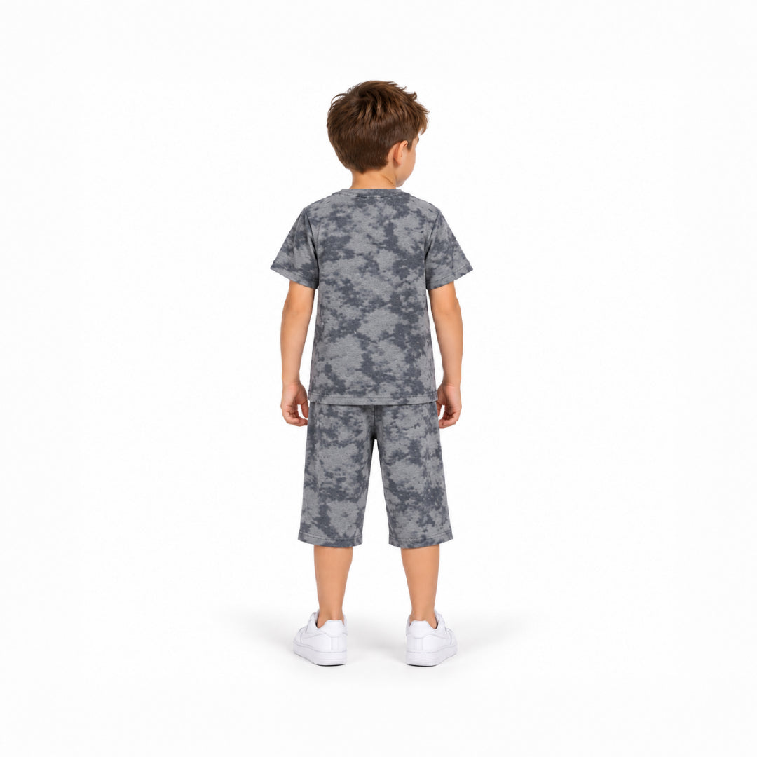 Boys Grey Camouflage Printed T-Shirt and Shorts Set | Half Sleeve Round Neck Cotton Co-Ord Set for Kids | Casual Summer Wear