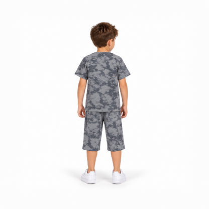 Boys Grey Camouflage Printed T-Shirt and Shorts Set | Half Sleeve Round Neck Cotton Co-Ord Set for Kids | Casual Summer Wear