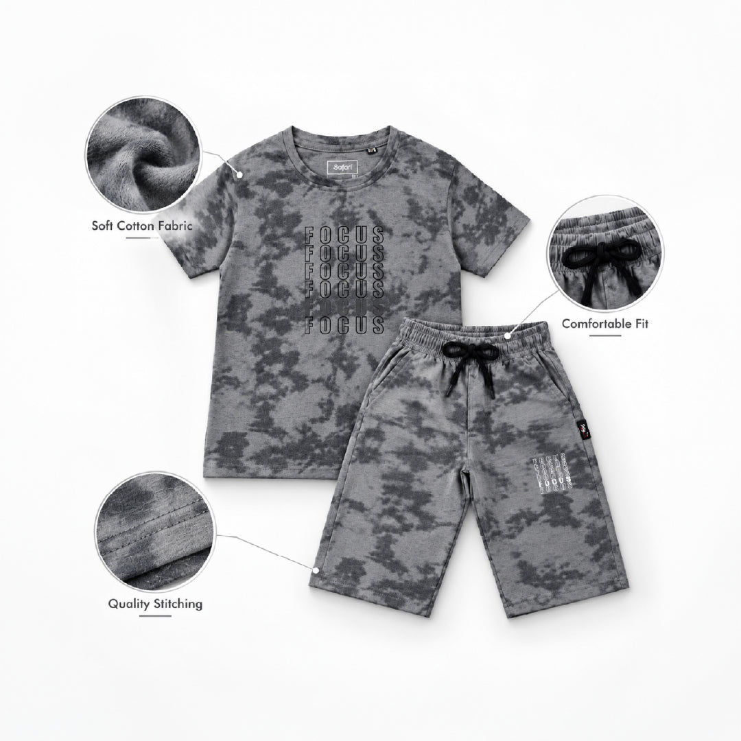 Boys Grey Camouflage Printed T-Shirt and Shorts Set | Half Sleeve Round Neck Cotton Co-Ord Set for Kids | Casual Summer Wear