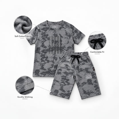 Boys Grey Camouflage Printed T-Shirt and Shorts Set | Half Sleeve Round Neck Cotton Co-Ord Set for Kids | Casual Summer Wear