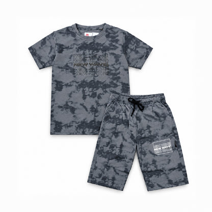 Boys Grey Camouflage Printed T-Shirt & Shorts Co-Ord Set | Half Sleeve Round Neck Cotton Summer Outfit | Stylish Casual Wear for Kids