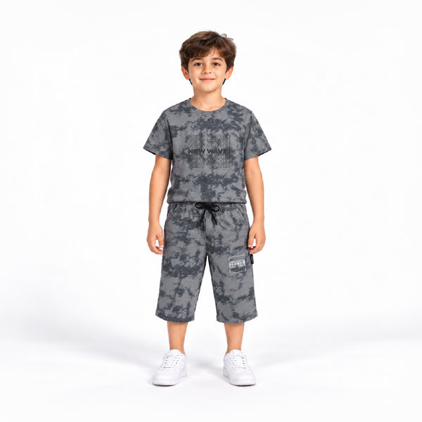 Boys Grey Camouflage Printed T-Shirt & Shorts Co-Ord Set | Half Sleeve Round Neck Cotton Summer Outfit | Stylish Casual Wear for Kids