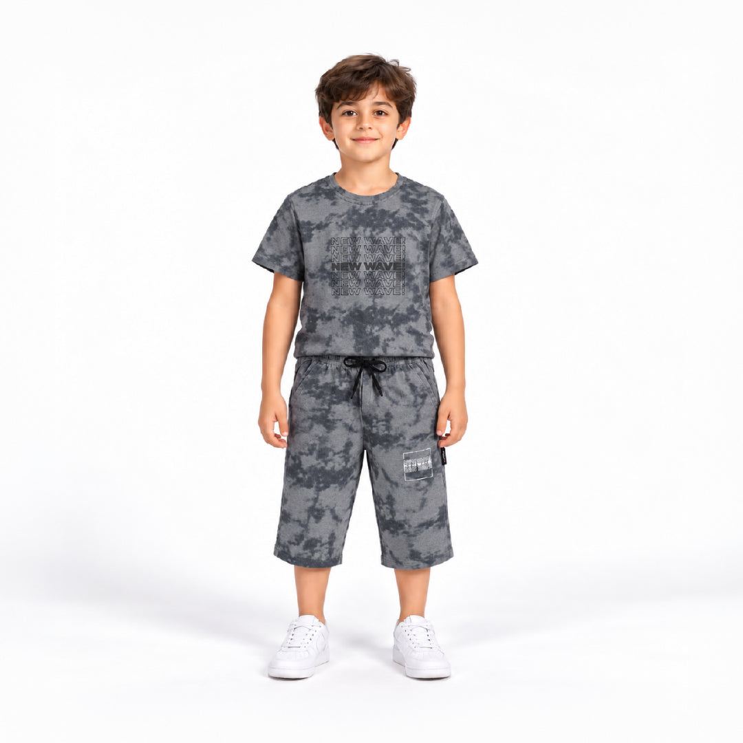 Boys Grey Camouflage Printed T-Shirt & Shorts Co-Ord Set | Half Sleeve Round Neck Cotton Summer Outfit | Stylish Casual Wear for Kids