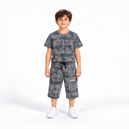 Boys Grey Camouflage Printed T-Shirt & Shorts Co-Ord Set | Half Sleeve Round Neck Cotton Summer Outfit | Stylish Casual Wear for Kids