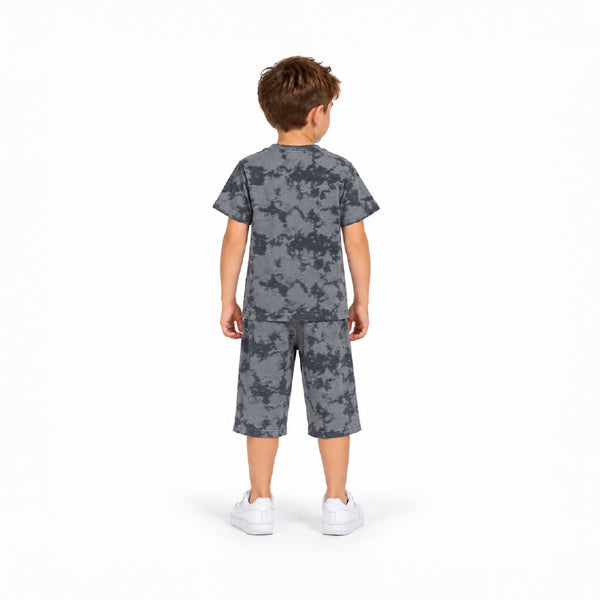 Boys Grey Camouflage Printed T-Shirt & Shorts Co-Ord Set | Half Sleeve Round Neck Cotton Summer Outfit | Stylish Casual Wear for Kids