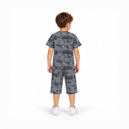 Boys Grey Camouflage Printed T-Shirt & Shorts Co-Ord Set | Half Sleeve Round Neck Cotton Summer Outfit | Stylish Casual Wear for Kids