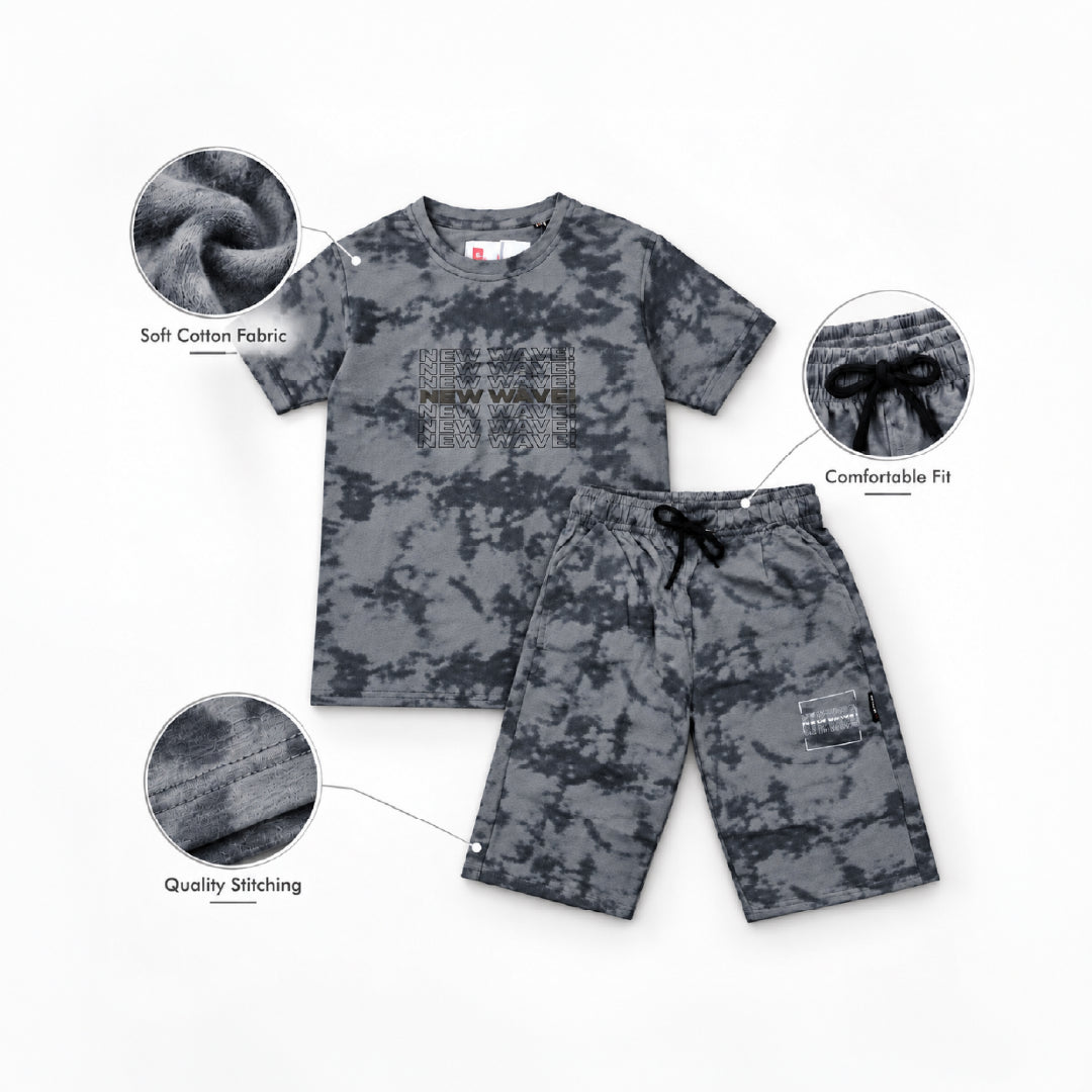 Boys Grey Camouflage Printed T-Shirt & Shorts Co-Ord Set | Half Sleeve Round Neck Cotton Summer Outfit | Stylish Casual Wear for Kids