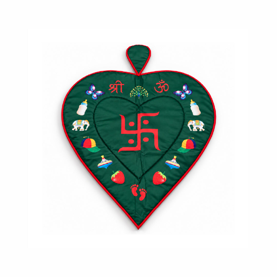 Baby Chhathi Godadi | Heart-Shaped Padded Newborn Baby Bedding Mat with Red Border & Traditional Shree Om Swastik Design | Chhathi Pujan, Baby Welcome & Naming Ceremony