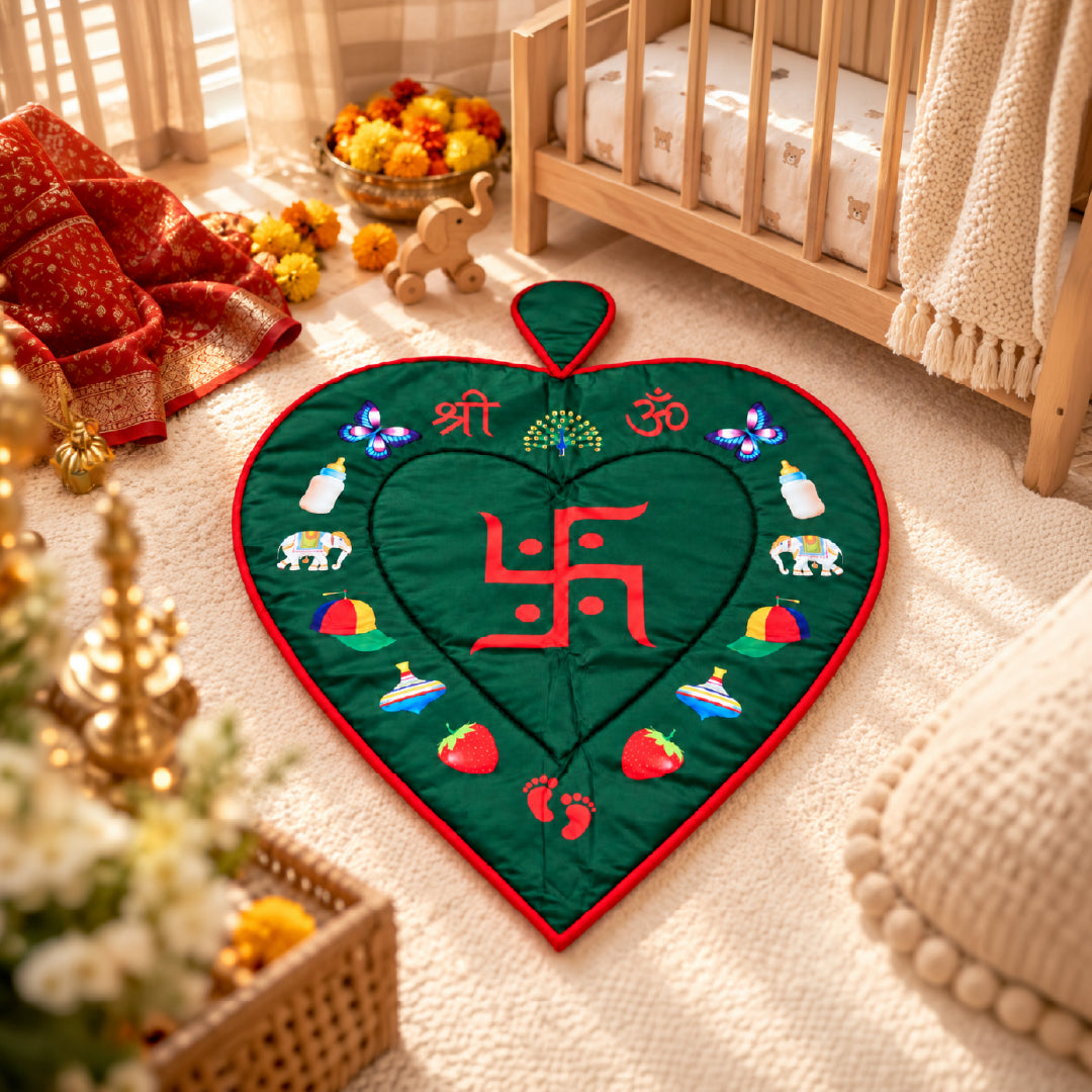 Baby Chhathi Godadi | Heart-Shaped Padded Newborn Baby Bedding Mat with Red Border & Traditional Shree Om Swastik Design | Chhathi Pujan, Baby Welcome & Naming Ceremony