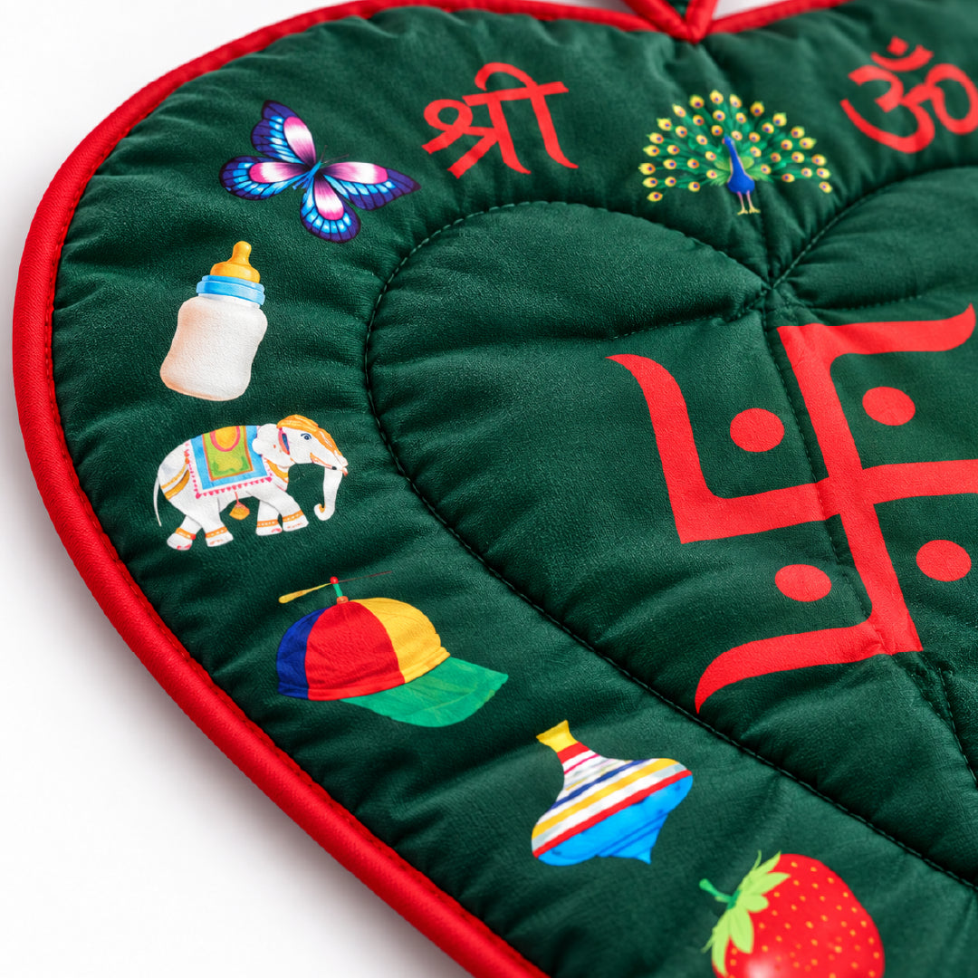 Baby Chhathi Godadi | Heart-Shaped Padded Newborn Baby Bedding Mat with Red Border & Traditional Shree Om Swastik Design | Chhathi Pujan, Baby Welcome & Naming Ceremony