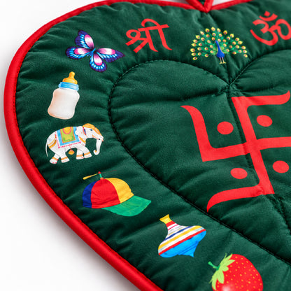 Baby Chhathi Godadi | Heart-Shaped Padded Newborn Baby Bedding Mat with Red Border & Traditional Shree Om Swastik Design | Chhathi Pujan, Baby Welcome & Naming Ceremony