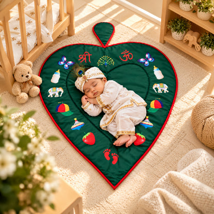 Baby Chhathi Godadi | Heart-Shaped Padded Newborn Baby Bedding Mat with Red Border & Traditional Shree Om Swastik Design | Chhathi Pujan, Baby Welcome & Naming Ceremony