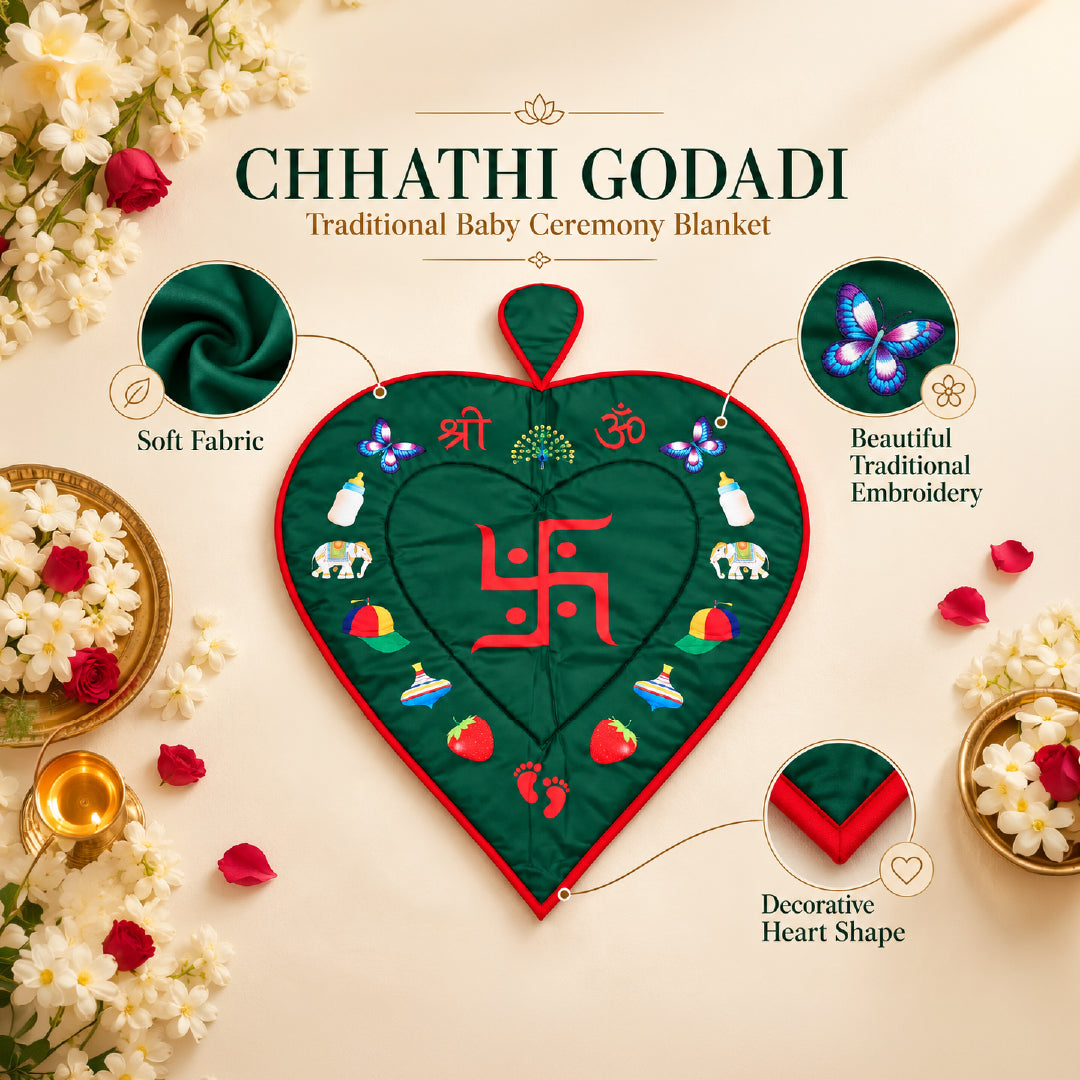 Baby Chhathi Godadi | Heart-Shaped Padded Newborn Baby Bedding Mat with Red Border & Traditional Shree Om Swastik Design | Chhathi Pujan, Baby Welcome & Naming Ceremony