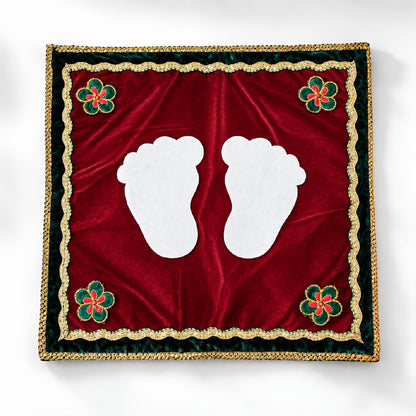 Baby Pagla Rumal Kanku Pagla Footprint Welcome Cloth | Red & Green Decorative Baby Footprint Mat with Golden Border | Newborn Baby Welcome Ceremony, Griha Pravesh, Pooja & Traditional Ritual